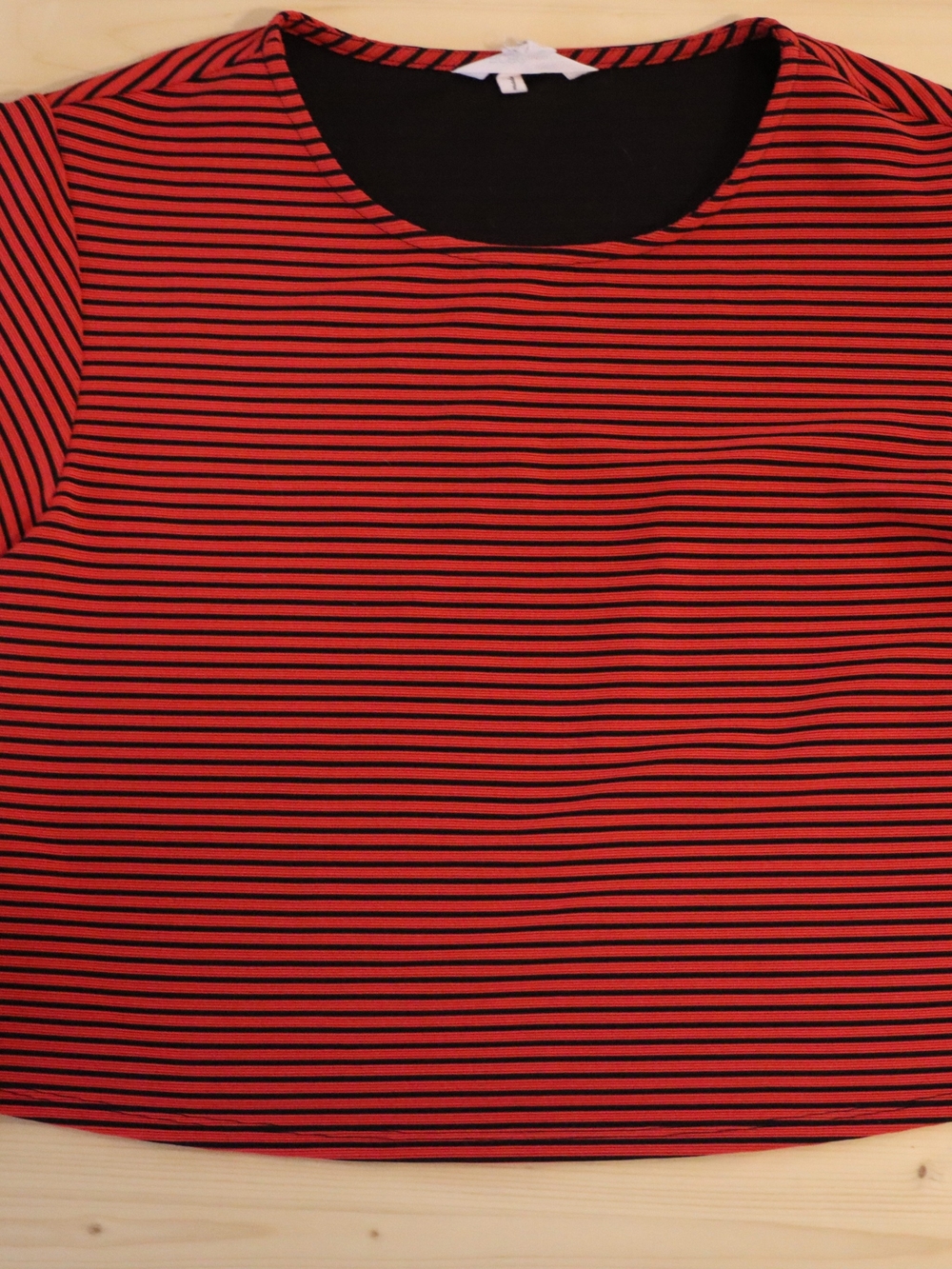 Women's Red and Black Striped Short Sleeve Crewneck Crop Top
